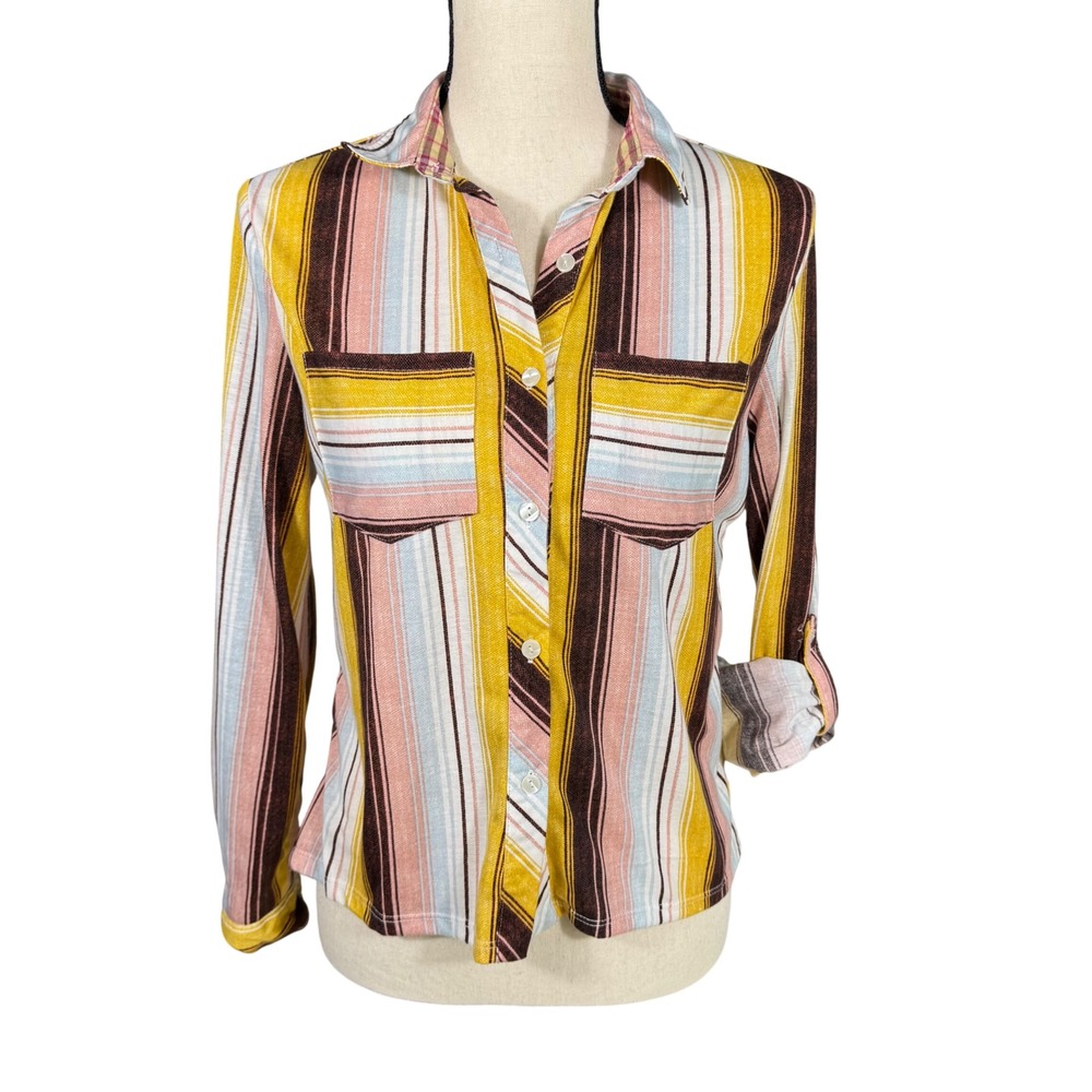 Passport Women's S Striped Button Down Shirt Roll Tab Long Sleeve High Low Hem